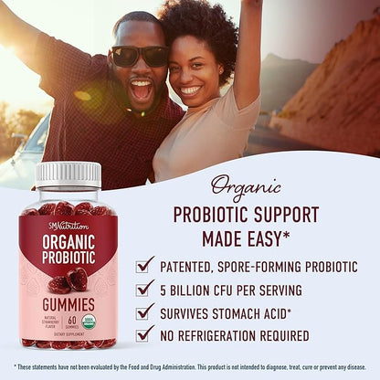 Organic Probiotics Gummies | 5 Billion CFU Probiotics for Digestive Health & Immune Support | Hardy Bacillus Subtilis | Strawberry Gummies | Shelf Stable, Gluten-Free, Vegan | 60 Ct. (1 Month Supply)