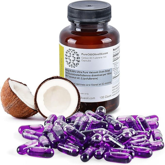 PureC60OliveOil C60 Organic MCT Coconut Oil Capsules Pills 100ml / 3.4 Fl Oz - 99.99% Carbon 60 Solvent Free 40mg - Food Grade - Carbon 60 MCT Coconut Oil - from The Leading Global Producer