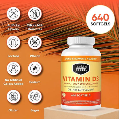 Berkley Jensen High Potency Vitamin D3 2000IU (50 mcg) (640 Softgels), Dietary Supplement for Teeth, Muscle, Immune Function, and Bone Health, for Men and Women, Made in USA, 640 Day Supply