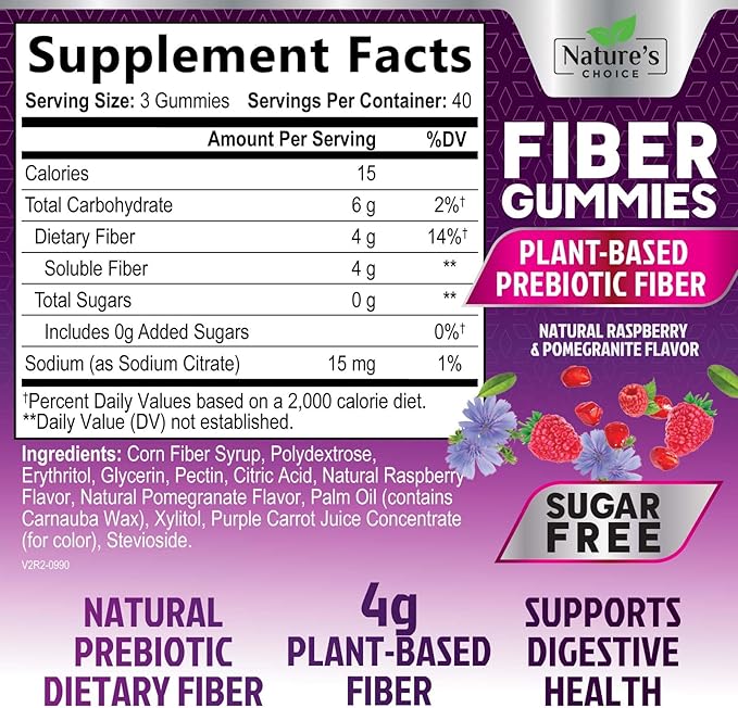 Sugar Free Fiber Gummies for Adults, Daily Prebiotic Natural Soluble Fiber Supplement & Digestive Health Support - Regularity & Digestion Health Support, Plant Based Berry Flavor - 120 Gummies