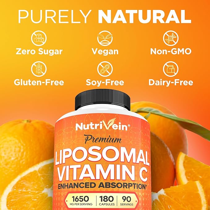 Nutrivein Premium Liposomal Vitamin C Supplement 1650mg - 180 Caps: High-Absorption Vitamin C Capsules for Whole-Body Defenses & Overall Well-Being