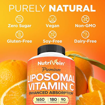 Nutrivein Premium Liposomal Vitamin C Supplement 1650mg - 180 Caps: High-Absorption Vitamin C Capsules for Whole-Body Defenses & Overall Well-Being