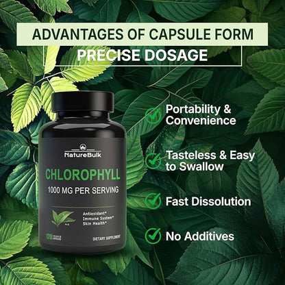 Chlorophyll Capsules 1000mg - 100% Natural Potency Concentration for Women & Men, Gut Health, Skin Support - Natural Energy Booster, 120 Capsules