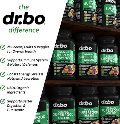 Adrenal Support & Organic Superfood Greens & Fruit Supplements - Daily Energy Super Food Fruits and Veggies Supplement Tablets Plus Vegetable Foods