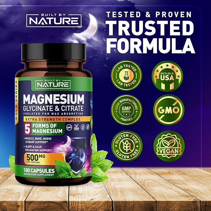 Magnesium Complex 500mg - 5 Forms of Magnesium Glycinate, Citrate, Malate, Oxide & Aquamin with 72 Trace Minerals - Chelated for Absorption - Supplement for Muscle, Nerve, Heart & Sleep (180 Capsules)