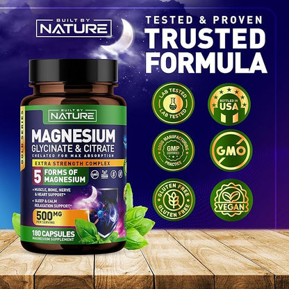 Magnesium Complex 500mg - 5 Forms of Magnesium Glycinate, Citrate, Malate, Oxide & Aquamin with 72 Trace Minerals - Chelated for Absorption - Supplement for Muscle, Nerve, Heart & Sleep (180 Capsules)