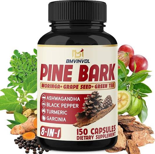 Pine Bark Capsules with Ashwagandha, Turmeric, Green Tea, Garcinia Cambogia, Moringa, Grape Seed, and Black Pepper - 150 Count - 5 Month Supply