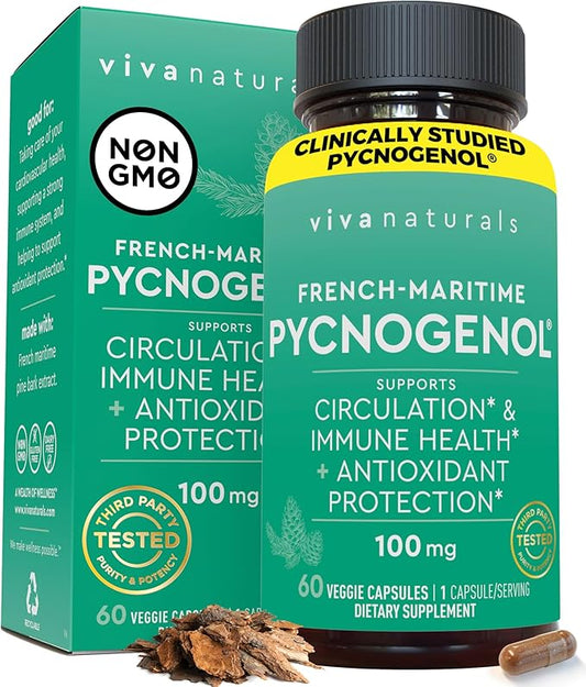 Pycnogenol 100mg from French Maritime Pine Bark Extract Capsules - Healthy Blood Circulation Supplements, Antioxidant Protection, Joint Support and Immune Support - 60 Pycnogenol Supplements