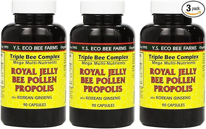 Y.S. Eco Bee Farms, (3 Pack) Royal Jelly, Bee Pollen, Propolis, Plus Korean Ginseng, 90 Capsules