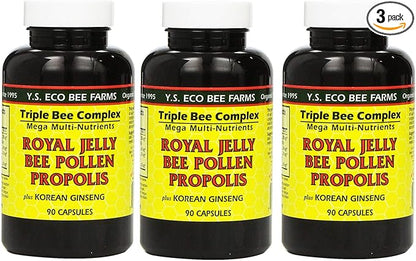 Y.S. Eco Bee Farms, (3 Pack) Royal Jelly, Bee Pollen, Propolis, Plus Korean Ginseng, 90 Capsules