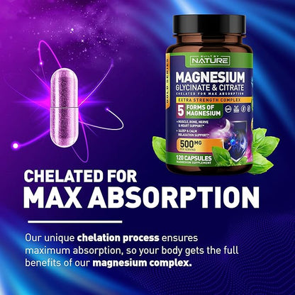 Magnesium Complex 500mg - 5 Forms of Magnesium Glycinate, Citrate, Malate, Oxide & Aquamin with 72 Trace Minerals - Chelated for Absorption - Supplement for Muscle, Nerve, Heart & Sleep (120 Capsules)