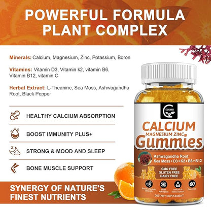 1200mg Calcium Gummies with Vitamin D3,K2,B12 & B6 - Plant Complex Calcium Magnesium Supplement with Glycinate,Potassium,Sea Moss,Ashwagandha Root for Bone & Teeth Strength, Muscle & Immune-2 Pack