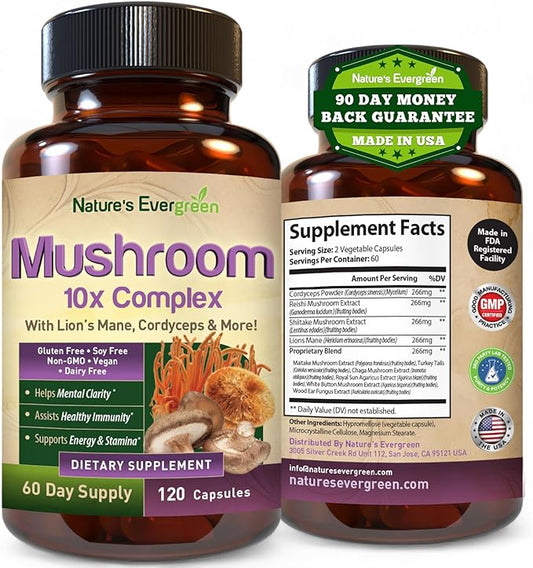 10-in-1 Mushroom 10x Complex Supplement | Lions Mane, Reishi and Cordyceps & More | Nootropic for Brain Health, Memory & Focus | Immunity & Energy - (120 Capsules - 60 Day Supply)