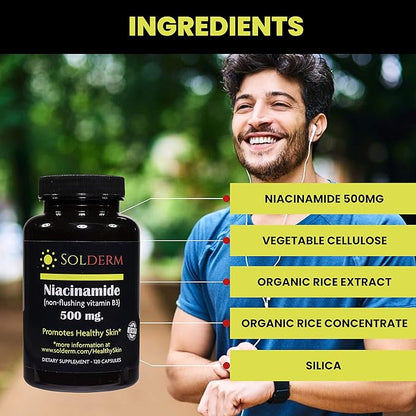Niacinamide Non-Flushing Vitamin B3 Supplement | Vegetarian and Gluten-Free Vitamin Niacinamide Tablets with Vegetable Cellulose Casings | Promotes Healthy Skin | 120 Capsules | 500mg