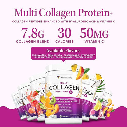 Multi Collagen Peptides Powder for Women - Hydrolyzed Chocolate Collagen Powder for Women with Types I II III V & X Vitamin C & Hyaluronic Acid for Hair Skin and Nails (Chocolate) - 30 Servings
