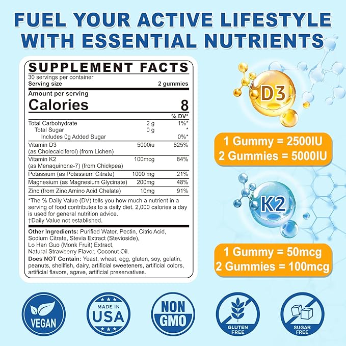 Sugar Free Vitamin D3 5,000IU K2 (MK7) Magnesium Glycinate Potassium Gummies | Vegan Organic D3 K2 Vitamin | Potassium 1000mg | Vitamin K2 D3 Supplement for Women Men | Mood & Immune Support, 120Cts