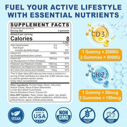 Sugar Free Vitamin D3 5,000IU K2 (MK7) Magnesium Glycinate Potassium Gummies | Vegan Organic D3 K2 Vitamin | Potassium 1000mg | Vitamin K2 D3 Supplement for Women Men | Mood & Immune Support, 120Cts