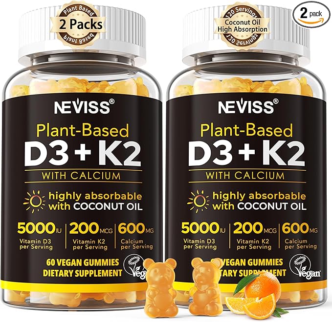 Vitamin D3 5000iu & K2( as MK7 ) 200mcg Gummies + 600mg Calcium, with Coconut Oil for High Absorption, Maximum Strength Vitamin D3 K2 Supplement - Support for Bones Muscle Teeth Immune, Vegan 2Packs