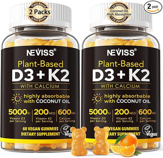 Vitamin D3 5000iu & K2( as MK7 ) 200mcg Gummies + 600mg Calcium, with Coconut Oil for High Absorption, Maximum Strength Vitamin D3 K2 Supplement - Support for Bones Muscle Teeth Immune, Vegan 2Packs