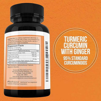 Turmeric Curcumin with Ginger, 95% Curcuminoids with BioPerine - 180 Veggie Capsules - Made in USA