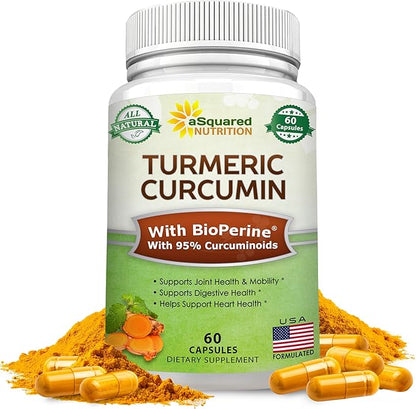 aSquared Nutrition Turmeric Curcumin 1300mg with BioPerine Black Pepper Extract Supplement - 60 Capsules - with 95% Curcuminoids - Natural Tumeric Root Powder Joint Pills