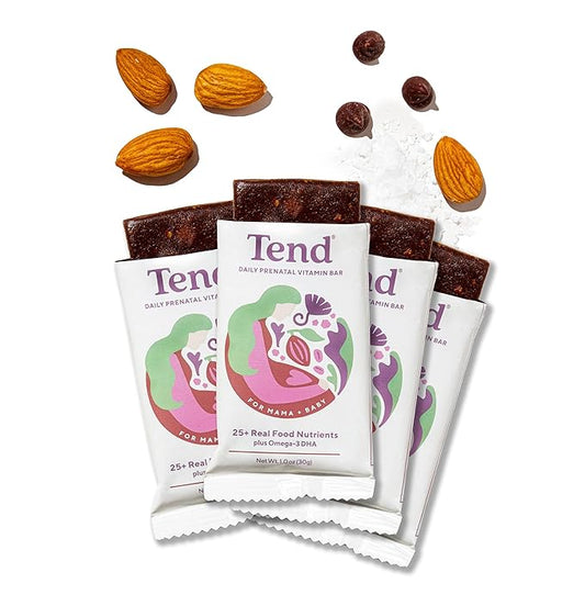Tend Daily Best Prenatal Vitamin Bar, Chocolate Sea Salt Flavor (4ct). Prenatals with Organic Ingredients for Pregnant & Postpartum Mothers, Includes DHA, Vitamin D, B, Choline, Folate, Sunflower Lecithin