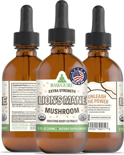 RawGuru Lion's Mane Mushroom Tincture - Vegan Lion's Mane Extract with Trace Minerals - Nano-Processed Immunity Boost & Cognitive Supplement - 120 Servings of Vegan Drops per 60 ml, Pack of 1