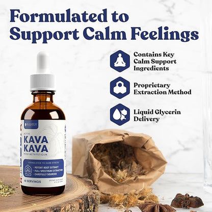 Rejuvica Health Kava Kava Root Extract Supplement - Active Kava Kava - Potent Relaxation & Calm - Liquid Extract - Piper Methysticum - Noble Variety - Naturally Occurring Kavalactones - 96 Servings
