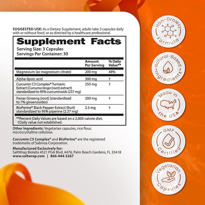 SaltWrap Mag 3D – Daytime (Non-Drowsy) Leg Cramp & Muscle Relief Support - Natural Supplement for Muscle and Nerve Health with Turmeric, Alpha Lipoic Acid & Magnesium