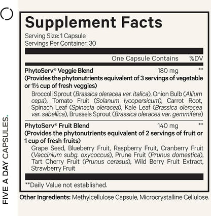 Codeage 5 Servings of Fruits & Veggies Equivalent in 1 Single Capsule - Whole Food Instantfood with 15 Greens & Fruits in All-in-One Pill, Eat Vegetables - Vegan Vitamins Supplement - Non-GMO - 30 ct