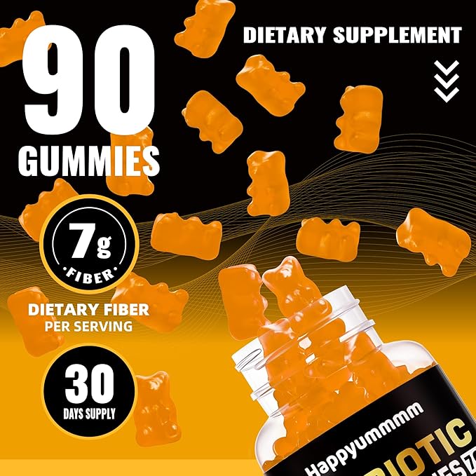 Prebiotic Fiber Gummies for Adults, 7G Extra Strength, Zero Sugar Added, 90 Pectin Based Gummies, Digestive Health -Orange