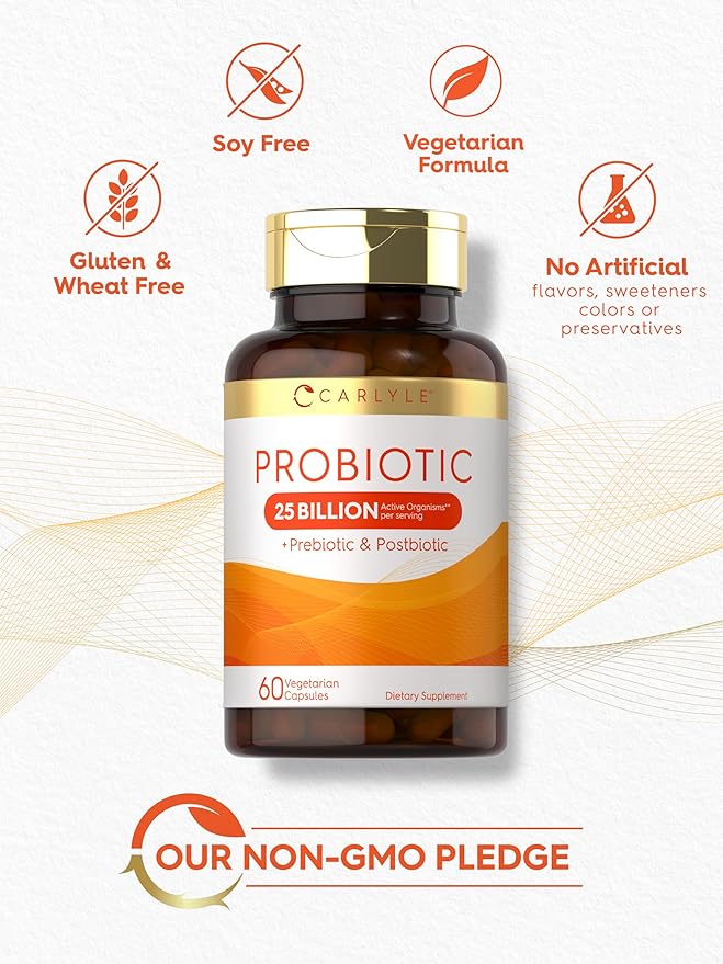 Carlyle Probiotic with Prebiotics & Postbiotics | 25 Billion CFU | 60 Capsules | Supplement for Women & Men | Powder Pills | Vegetarian, Non-GMO & Gluten Free