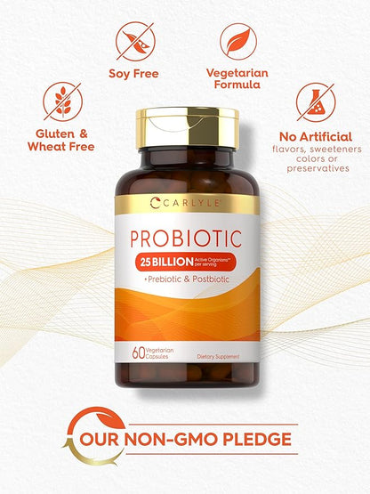 Carlyle Probiotic with Prebiotics & Postbiotics | 25 Billion CFU | 60 Capsules | Supplement for Women & Men | Powder Pills | Vegetarian, Non-GMO & Gluten Free