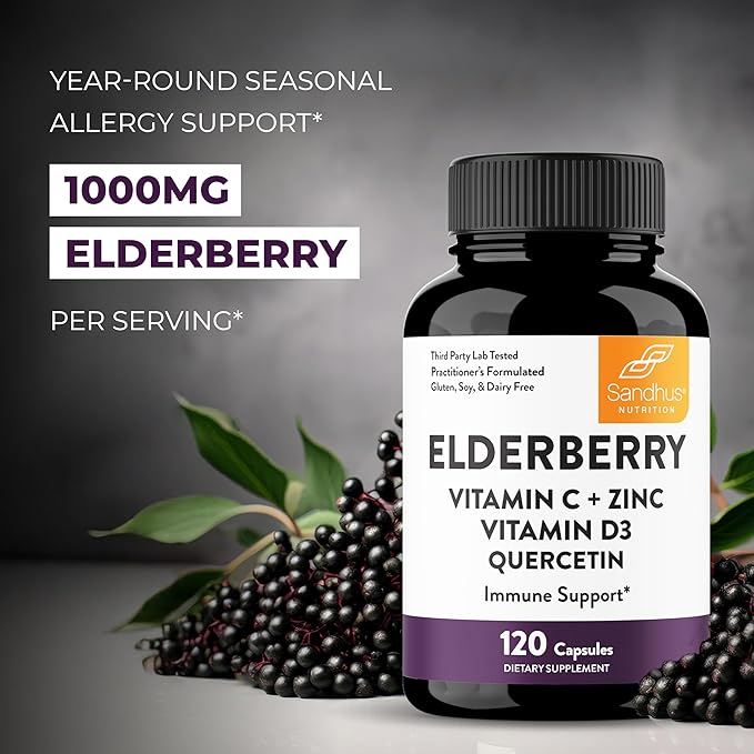 Elderberry Vitamin C and Zinc 120 Capsules | with Quercetin and Vitamin D3 | Immune Support for Adults | Zink Supplements for Men and Women | 2 Months Supply | Natural Immunity Booster