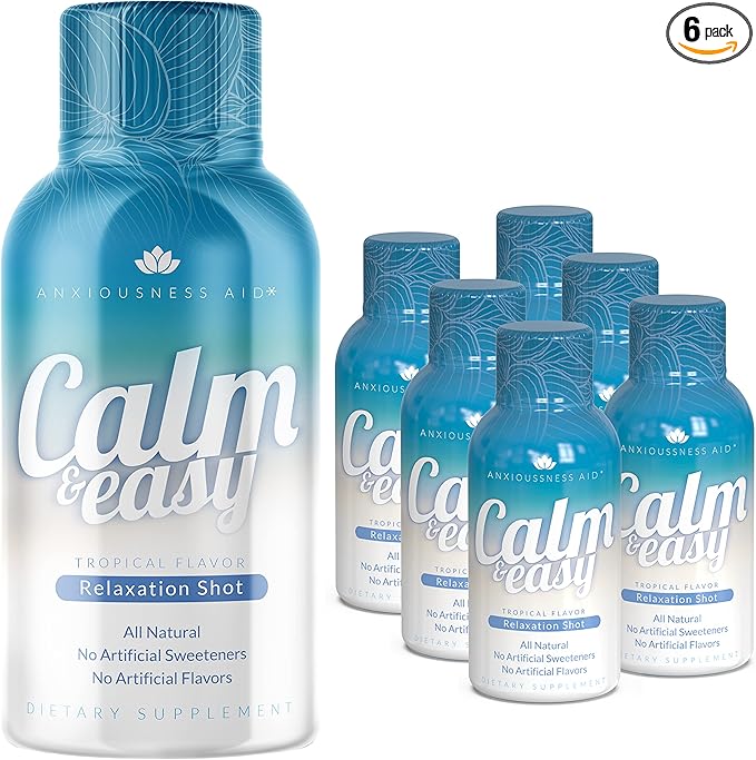 Calm & Easy - Natural Stress Relief Shot, KSM-66 Ashwagandha, Suntheanine L Theanine, Calming Adaptogen Drink, Relaxation, Focus, and Mood | 2 oz Liquid Bottle (6 Pack)