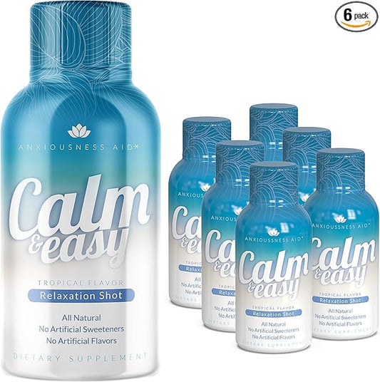 Calm & Easy - Natural Stress Relief Shot, KSM-66 Ashwagandha, Suntheanine L Theanine, Calming Adaptogen Drink, Relaxation, Focus, and Mood | 2 oz Liquid Bottle (6 Pack)