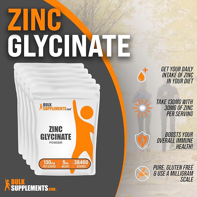 BulkSupplements.com Zinc Glycinate Powder - Zinc Supplements, Zinc 40mg, Zinc Powder - Zinc Mineral Supplement, for Immune Support - Gluten Free, 130mg per Serving, 5kg (11 lbs)