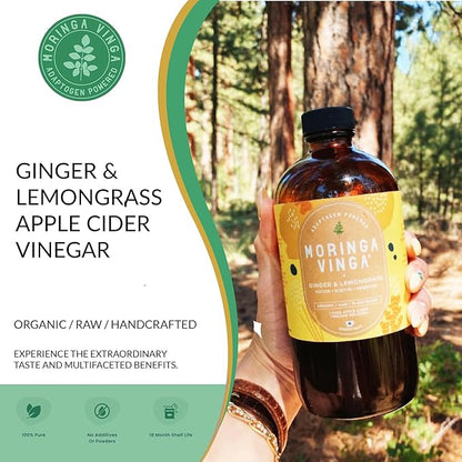 VINGA Organic Ginger & Lemongrass Moringa Infusion – Daily Herbal Tonic with Apple Cider Vinegar, Honey | Supports Motion, Digestion & Relaxation | Non-GMO, 16 oz