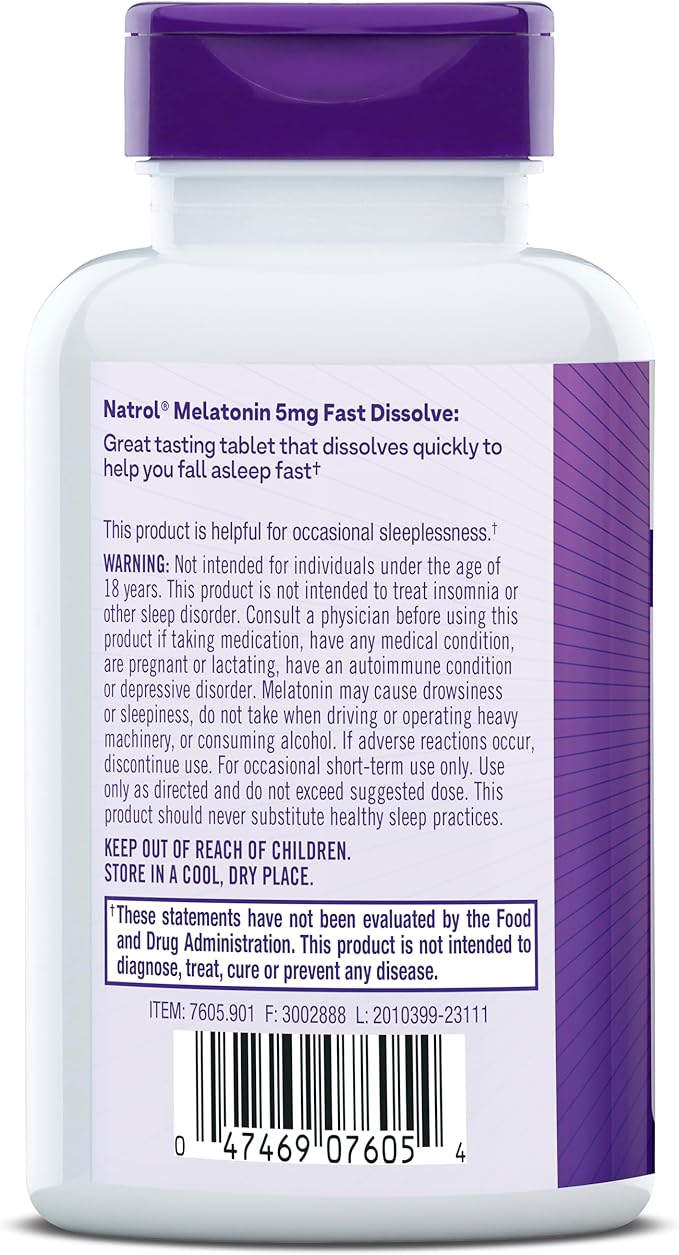 Natrol Melatonin 5mg Fast Dissolve Tablets, Sleep Support Supplements for Adults, Strawberry Flavor, 200 Tablets, Up to 200 Day Supply