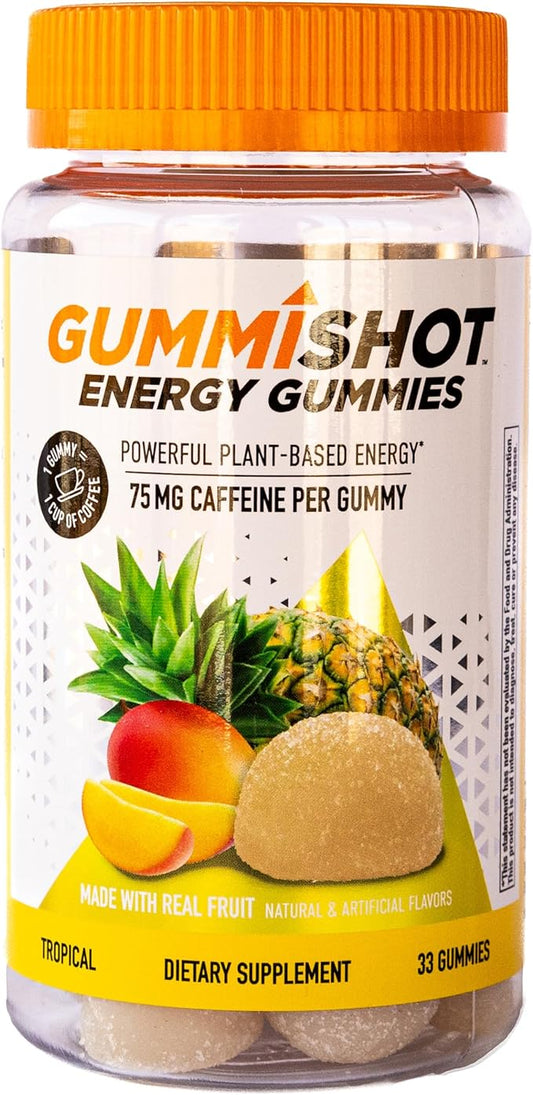 Energy Gummies, 2475mg of Plant-Based Caffeine Chews per Bottle, Long Lasting Energy Boosters, Tropical (33ct)