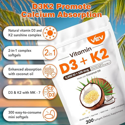 VEV Vitamin D3 K2, 5000 IU D3 100mcg K2 (MK 7), 300 Softgels, 2-in-1 Vitamin D & K Supplement with Coconut Oil, Supports Calcium Absorption and Bone Health, Easy to Swallow