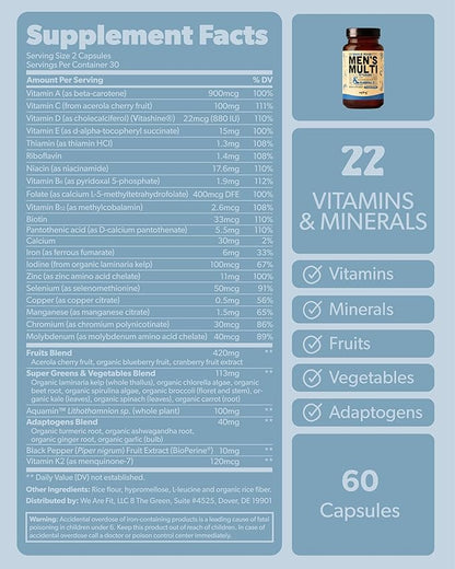 Multivitamin for Men - Daily Men’s Multivitamin - Methylated B Complex with Whole Food Ingredients, Vitamin B12, Folate, A, C, D3, E, K2, Organic Fruits & Vegetables - Vegan, Non-GMO - 60 Caps
