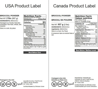 Food to Live Broccoli Powder, 2 Pounds – Nutrient-Rich Green Superfood for Smoothies, Shakes and Cooking, High in Fiber, Vitamins and Antioxidants, Vegan, Kosher, Bulk