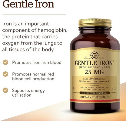 Solgar Gentle Iron, 240 Vegetable Capsules - Ideal for Sensitive Stomachs - Non-Constipating - Red Blood Cell Supplement - Non GMO, Vegan, Gluten Free, Dairy Free, Kosher - 240 Servings