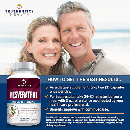 TRUTHENTICS Resveratrol Supplement 1200mg - Japanese Knotweed Capsules - High Potency Trans Resveratrol Nutritional Supplements for Healthy Aging, Vibrant Skin & Immune Health - 60 Vegan Capsules