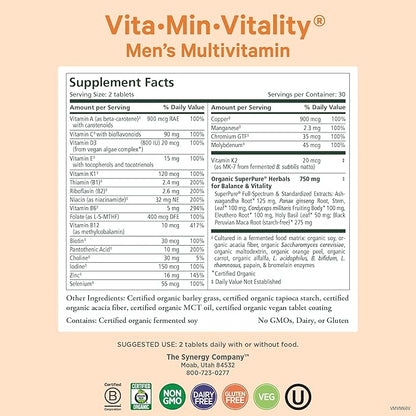PURE SYNERGY Vita·Min·Vitality | Natural Multivitamin for Men | Men’s Daily Multivitamin Made with Organic Whole Foods | for Energy, Stress, and Immune Support (60 Tablets)