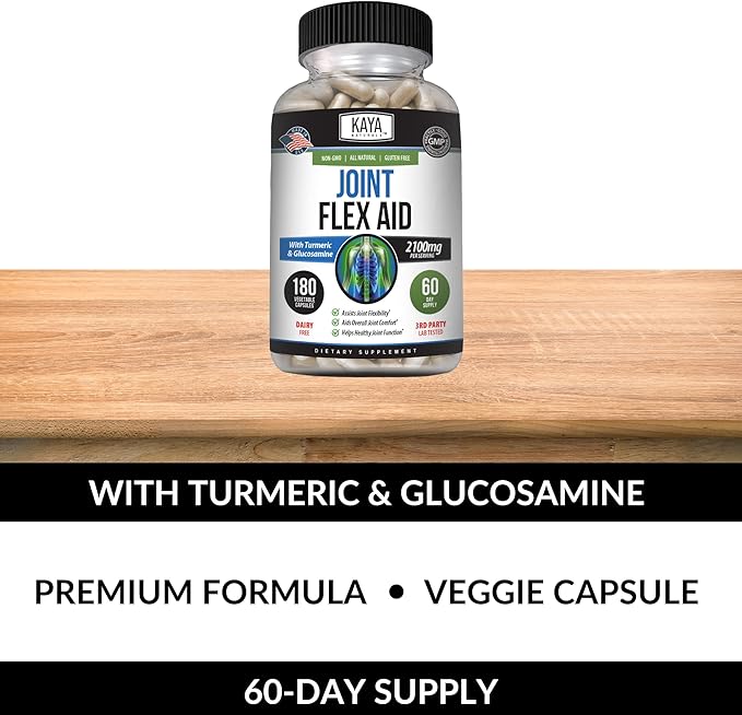 Kaya Naturals Flex Aid - Mobility Support Supplement for Men and Women - Turmeric Capsules with Glucosamine Sulfate, Boswellia Serrata and MSM - for Knee Support and Mobility Health - 180 Count