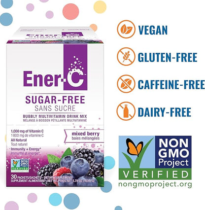 Ener-C Sugar Free Energy Mixed Berry Multivitamin Drink Mix Vitamin C 1000mg & Electrolytes - Natural Immunity Support with Real Fruit Juice Powders Non-GMO Vegan & Gluten Free - 30 Count