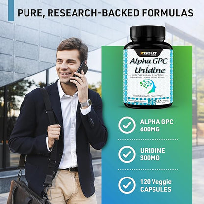Alpha GPC Choline 600mg + Uridine Monophosphate 300mg-2-in-1 Nootropic Supplement Helps Boost Focus, Energy & Cognitive Performance -Potent Mood Enhancer & Brain Focus Supplements -120 Veggie Capsules