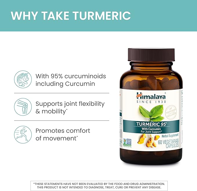 Himalaya Turmeric 95 Supplement with Curcumin/Curcuminoids, Joint and Muscle Support, Optimum Flexibility and Mobility, 600 mg, Non-GMO, Vegan, Gluten Free, 60 Capsules, 60 Day Supply